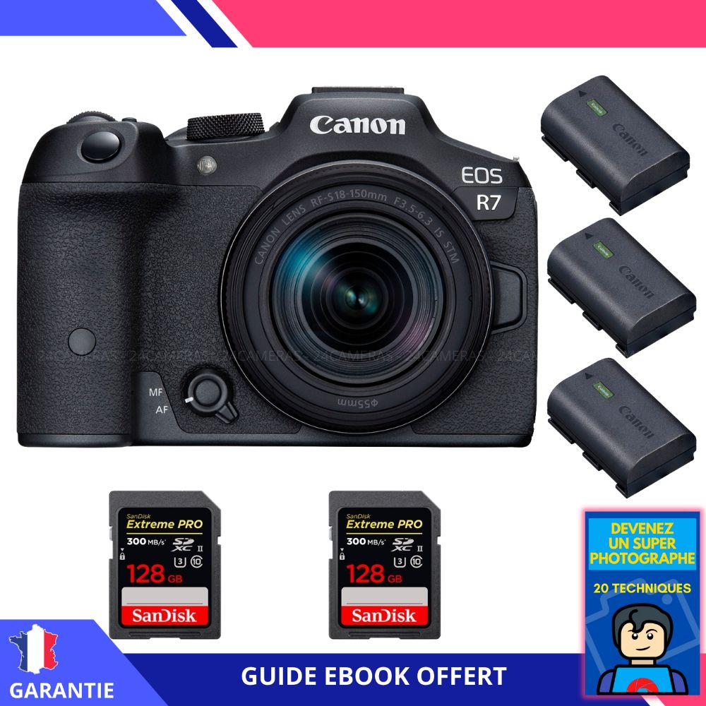 Canon EOS R7 + RF 18 150mm STM + 2 SanDisk Extreme PRO UHS II SDXC 300 MB/ + 3 Canon LP E6NH + Ebook 'Devenez Un Super Photographe' Hybride Canon - vue 3