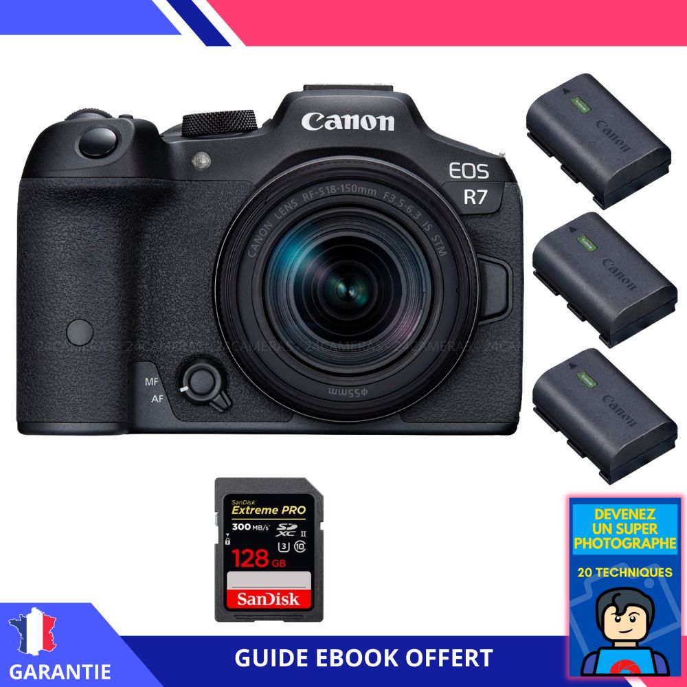 Canon EOS R7 + RF 18 150mm STM + 1 SanDisk Extreme PRO UHS II SDXC 300 MB/ + 3 Canon LP E6NH + Ebook 'Devenez Un Super Photographe' Hybride Canon