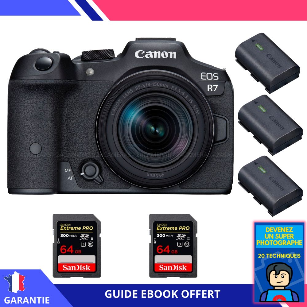 Canon EOS R7 + RF 18 150mm STM + 2 SanDisk Extreme PRO UHS II SDXC 300 MB/ + 3 Canon LP E6NH + Ebook 'Devenez Un Super Photographe' Hybride Canon