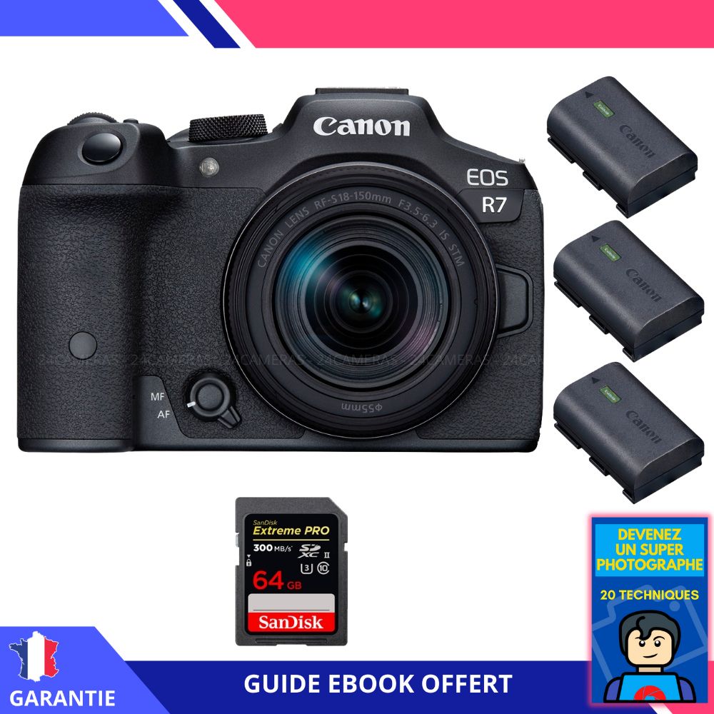 Canon EOS R7 + RF 18 150mm STM + 1 SanDisk Extreme PRO UHS II SDXC 300 MB/ + 3 Canon LP E6NH + Ebook 'Devenez Un Super Photographe' Hybride Canon - vue 3