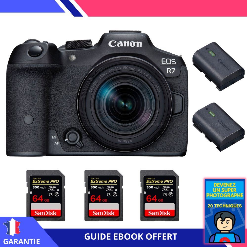 Canon EOS R7 + RF 18 150mm STM + 3 SanDisk Extreme PRO UHS II SDXC 300 MB/ + 2 Canon LP E6NH + Ebook 'Devenez Un Super Photographe' Hybride Canon