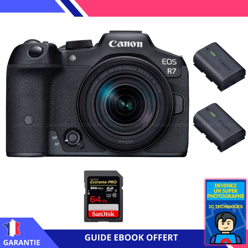 Canon EOS R7 + RF 18 150mm STM + 1 SanDisk Extreme PRO UHS II SDXC 300 MB/ + 2 Canon LP E6NH + Ebook 'Devenez Un Super Photographe' Hybride Canon