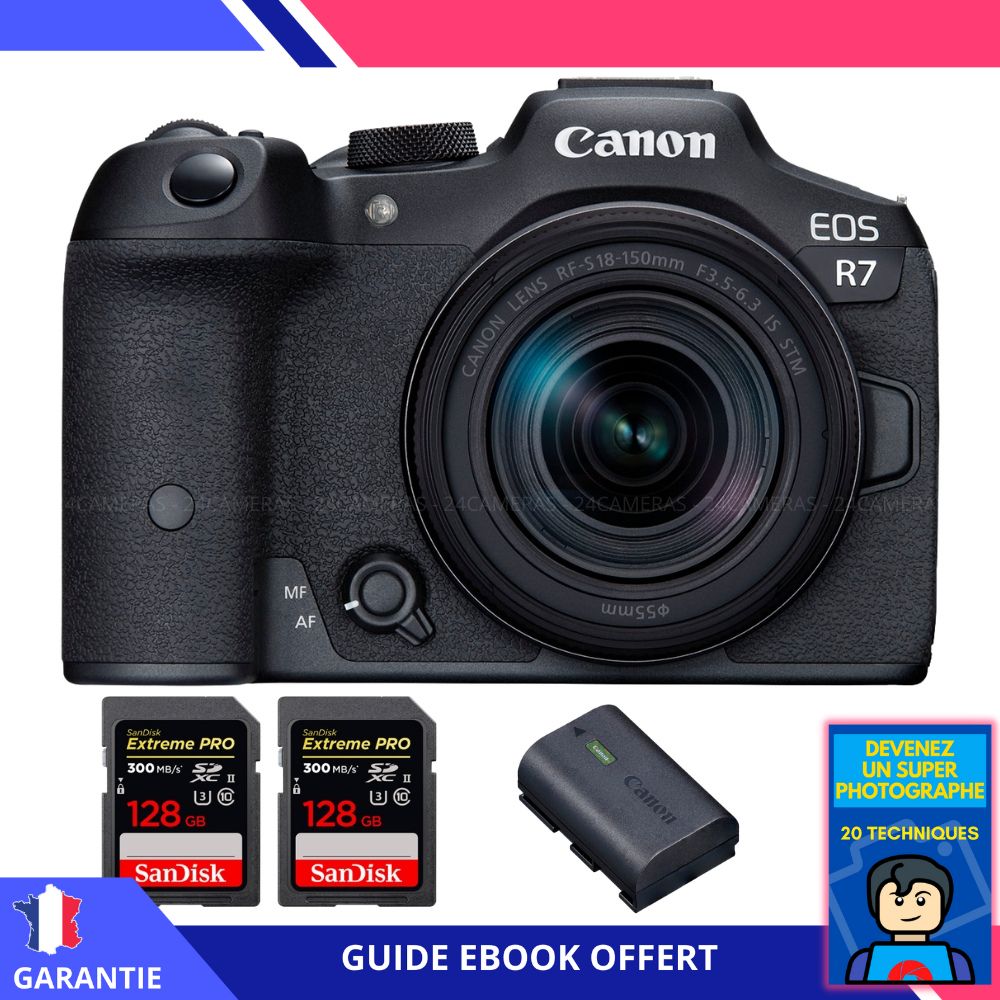 Canon EOS R7 + RF 18 150mm STM + 2 SanDisk Extreme PRO UHS II SDXC 300 MB/ + 1 Canon LP E6NH + Ebook 'Devenez Un Super Photographe' Hybride Canon