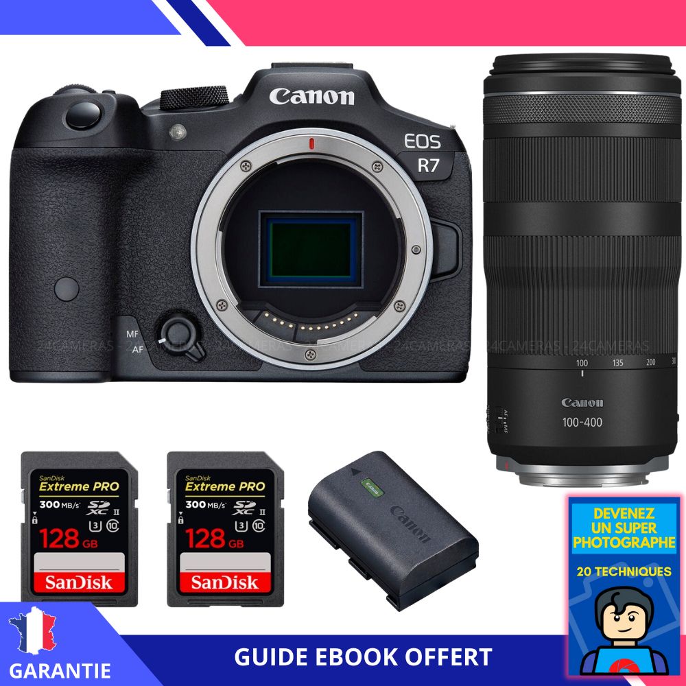 Canon EOS R7 + RF 100 400mm IS + 2 SanDisk Extreme PRO UHS II SDXC 300 MB/ + 1 Canon LP E6NH + Ebook 'Devenez Un Super Photographe' Hybride Canon - vue 3
