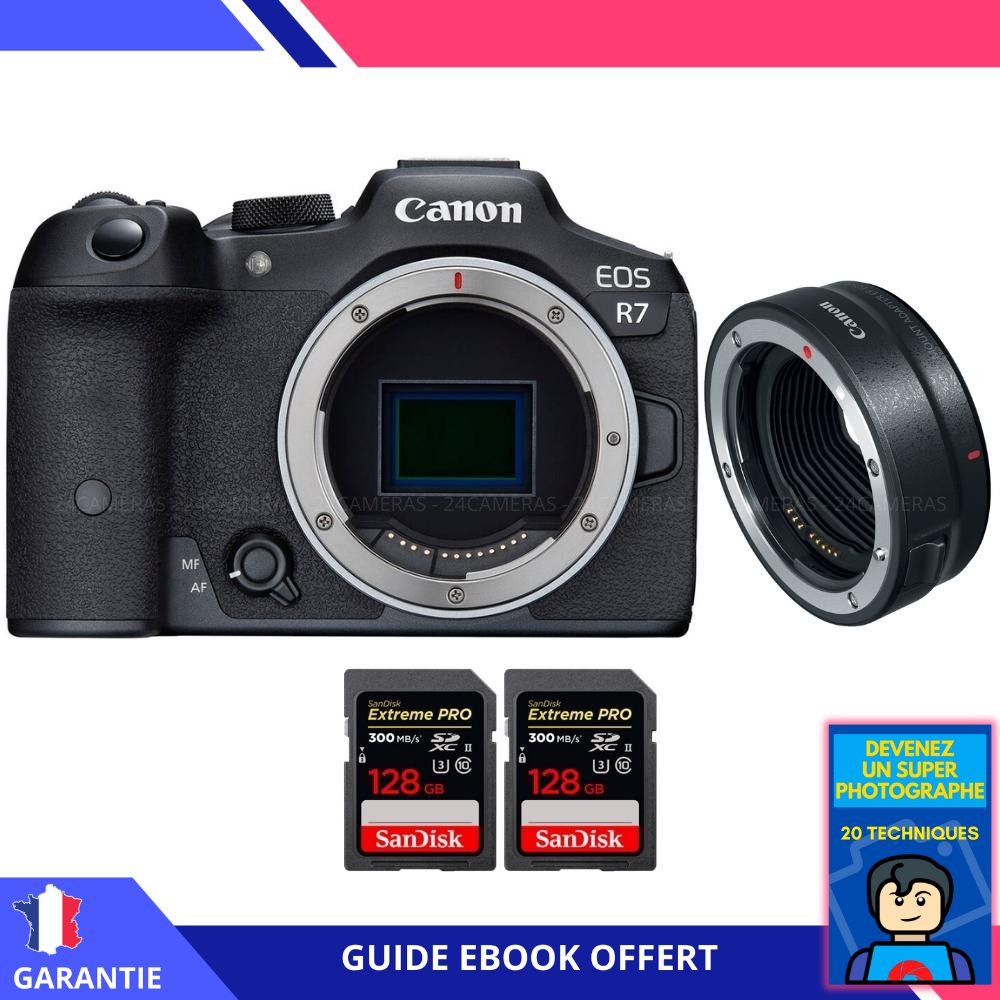 Canon EOS R7 + EF EOS R + 2 SanDisk Extreme PRO UHS II SDXC 300 MB/ + Ebook 'Devenez Un Super Photographe' Hybride Canon - vue 3