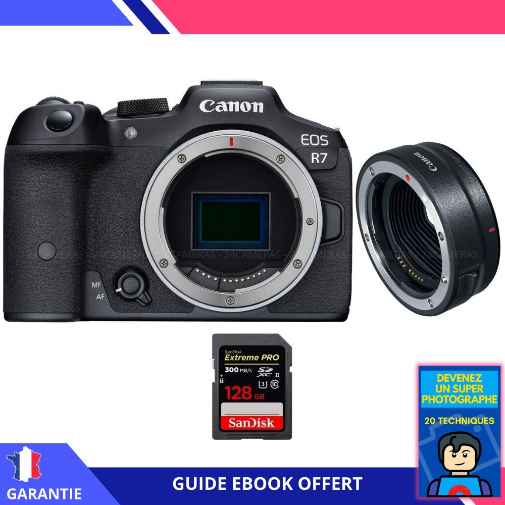 Canon EOS R7 + EF EOS R + 1 SanDisk Extreme PRO UHS II SDXC 300 MB/ + Ebook 'Devenez Un Super Photographe' Hybride Canon