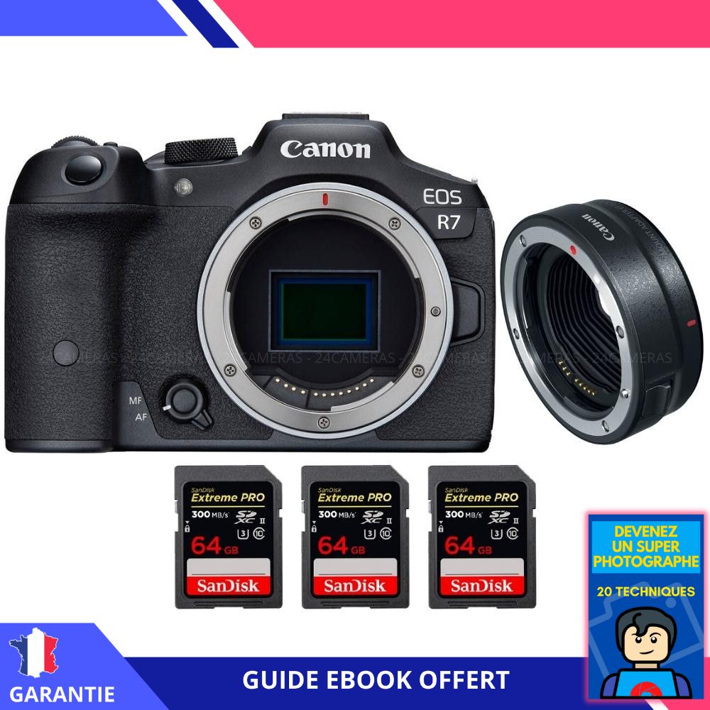 Canon EOS R7 + EF EOS R + 3 SanDisk Extreme PRO UHS II SDXC 300 MB/ + Ebook 'Devenez Un Super Photographe' Hybride Canon