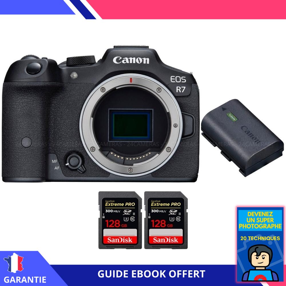 Canon EOS R7 + Canon LP E6NH + 2 SanDisk Extreme PRO UHS II SDXC 300 MB/ + Ebook 'Devenez Un Super Photographe' Hybride Canon
