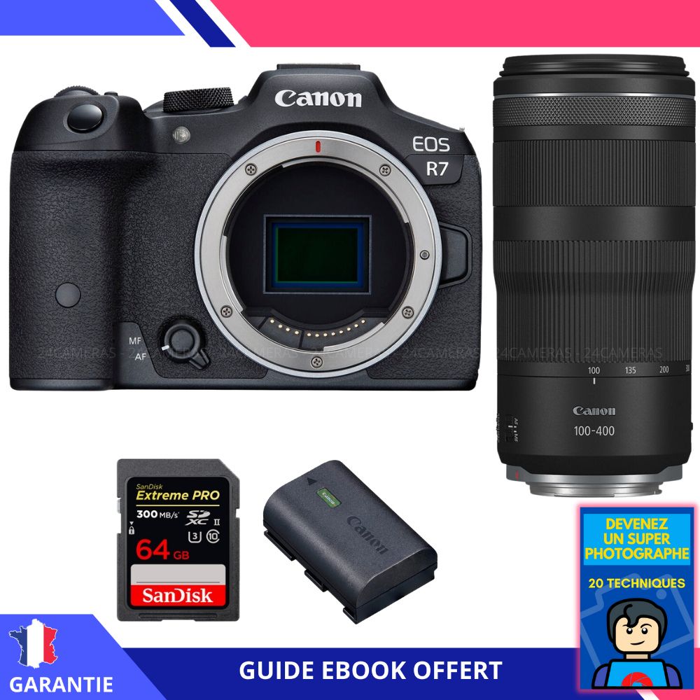 Canon EOS R7 + RF 100 400mm IS + 1 SanDisk Extreme PRO UHS II SDXC 300 MB/ + 1 Canon LP E6NH + Ebook 'Devenez Un Super Photographe' Hybride Canon