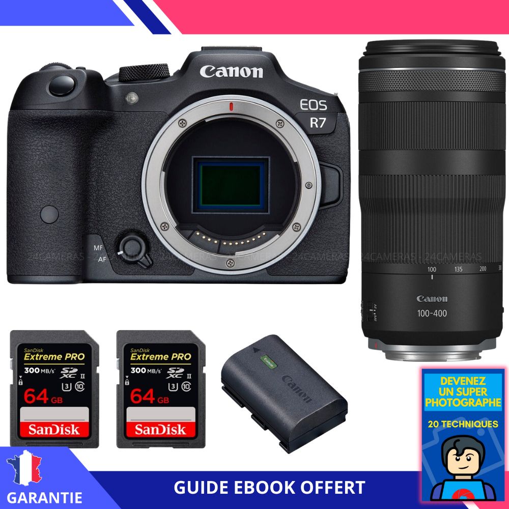 Canon EOS R7 + RF 100 400mm IS + 2 SanDisk Extreme PRO UHS II SDXC 300 MB/ + 1 Canon LP E6NH + Ebook 'Devenez Un Super Photographe' Hybride Canon