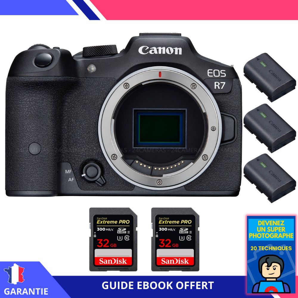 Canon EOS R7 + 2 SanDisk Extreme PRO UHS II SDXC 300 MB/ + 3 Canon LP E6NH + Ebook 'Devenez Un Super Photographe' Hybride Canon - vue 3
