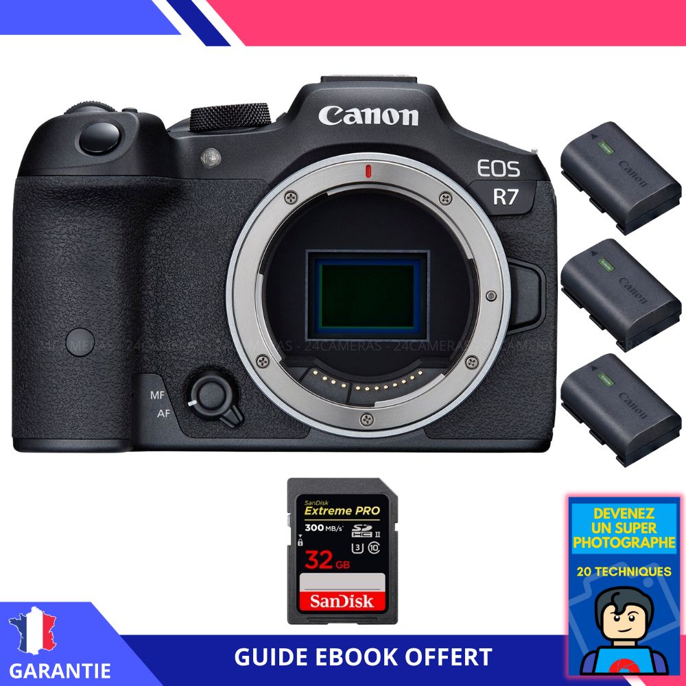 Canon EOS R7 + 1 SanDisk Extreme PRO UHS II SDXC 300 MB/ + 3 Canon LP E6NH + Ebook 'Devenez Un Super Photographe' Hybride Canon - vue 3