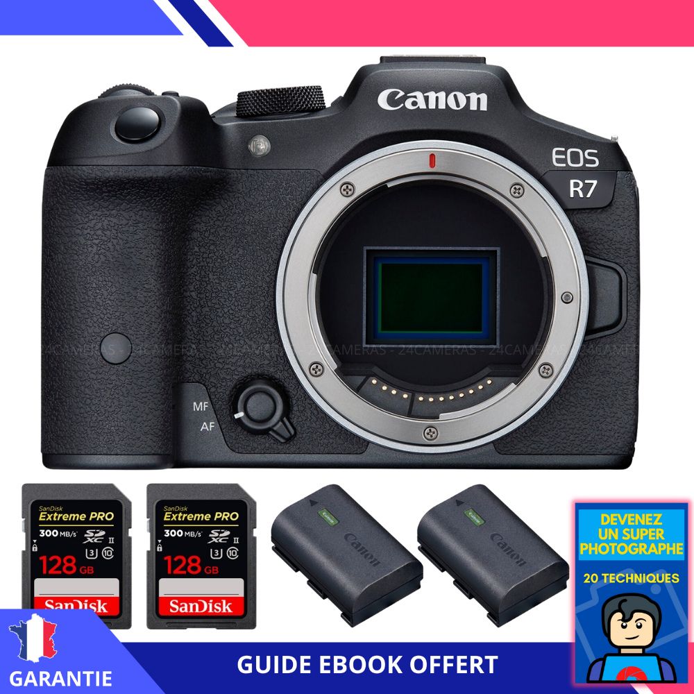 Canon EOS R7 + 2 SanDisk Extreme PRO UHS II SDXC 300 MB/ + 2 Canon LP E6NH + Ebook 'Devenez Un Super Photographe' Hybride Canon