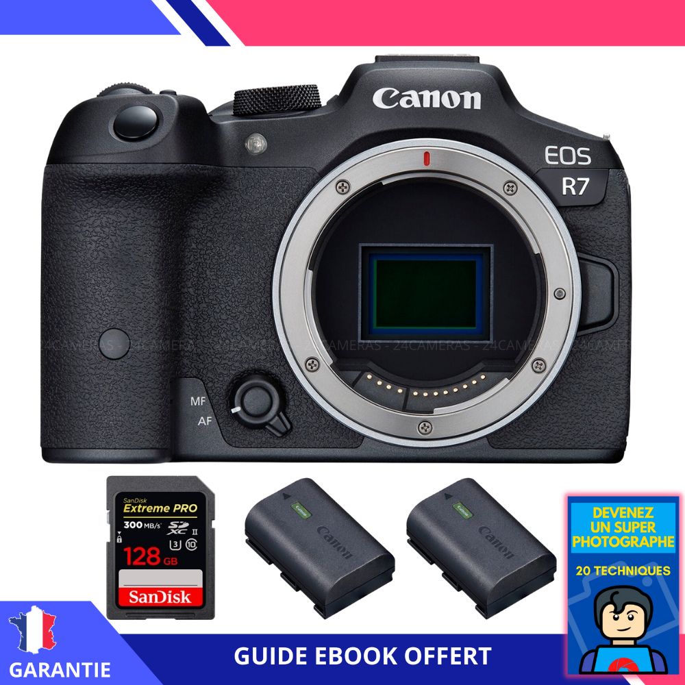 Canon EOS R7 + 1 SanDisk Extreme PRO UHS II SDXC 300 MB/ + 2 Canon LP E6NH + Ebook 'Devenez Un Super Photographe' Hybride Canon