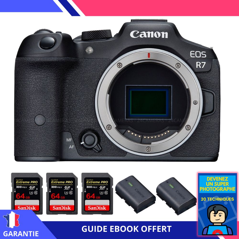 Canon EOS R7 + 3 SanDisk Extreme PRO UHS II SDXC 300 MB/ + 2 Canon LP E6NH + Ebook 'Devenez Un Super Photographe' Hybride Canon - vue 3