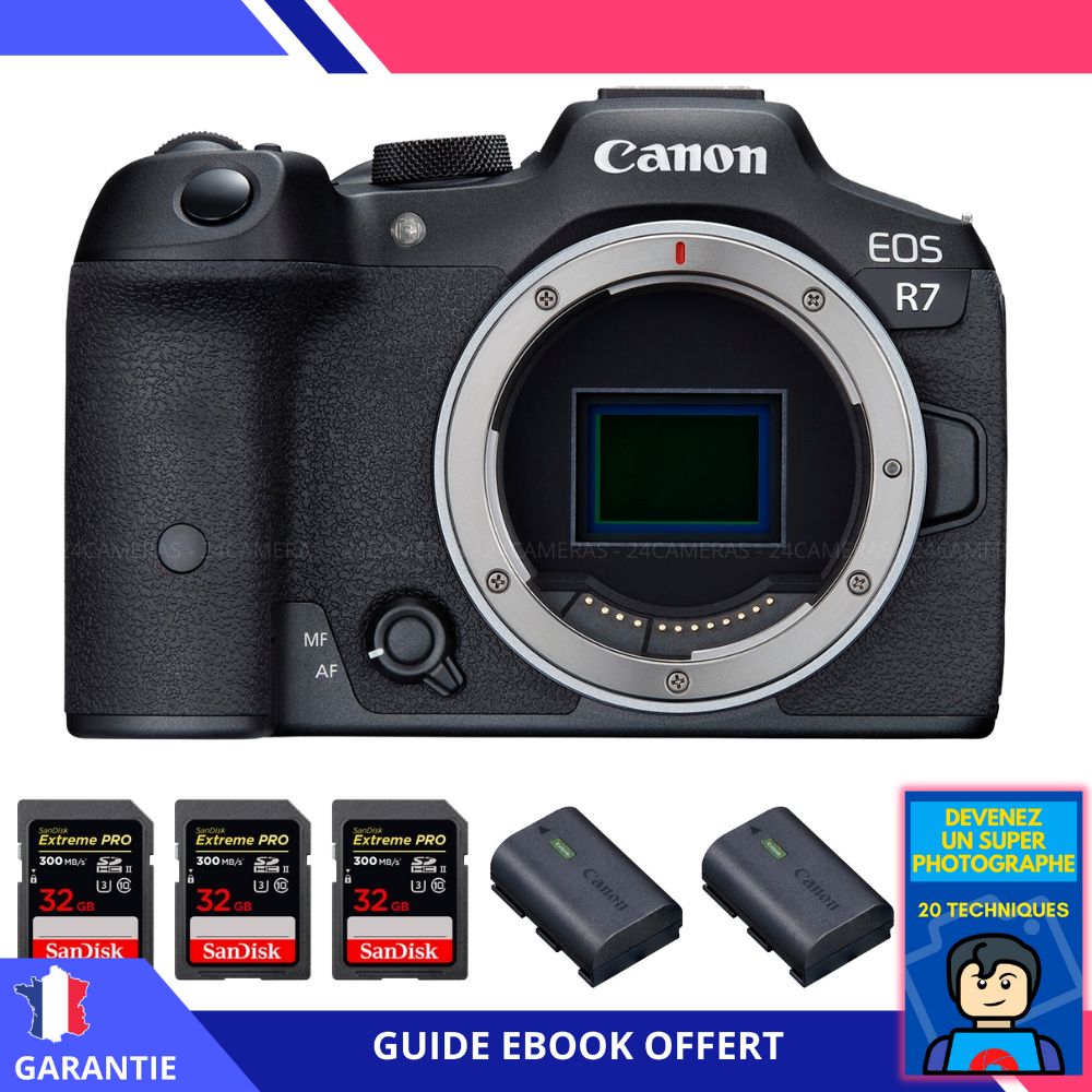 Canon EOS R7 + 3 SanDisk Extreme PRO UHS II SDXC 300 MB/ + 2 Canon LP E6NH + Ebook 'Devenez Un Super Photographe' Hybride Canon