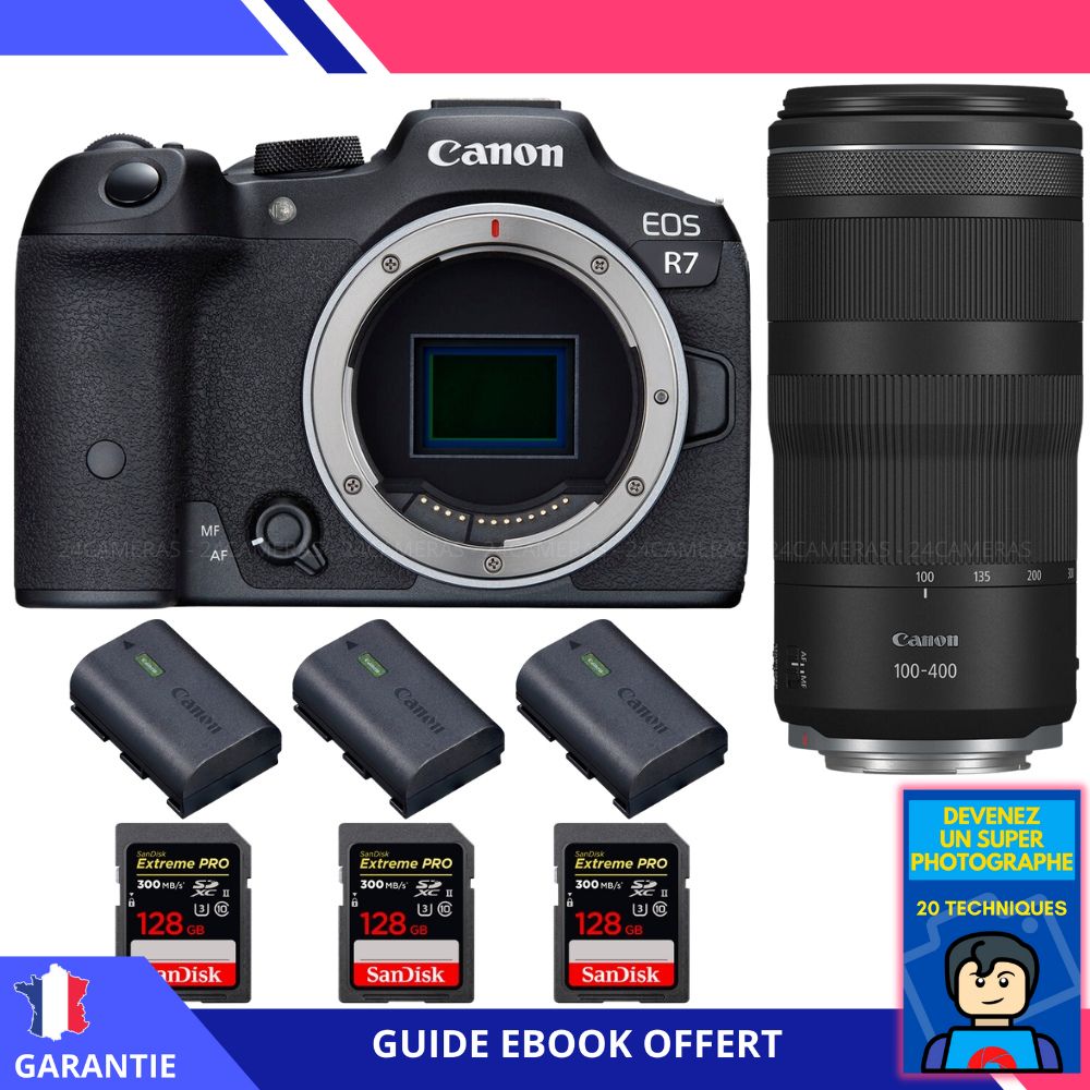 Canon EOS R7 + RF 100 400mm IS + 3 SanDisk Extreme PRO UHS II SDXC 300 MB/ + 3 Canon LP E6NH + Ebook 'Devenez Un Super Photographe' Hybride Canon - vue 3