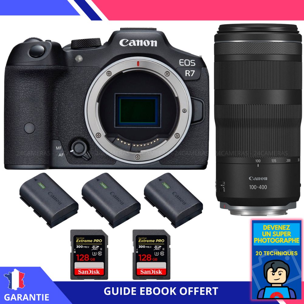 Canon EOS R7 + RF 100 400mm IS + 2 SanDisk Extreme PRO UHS II SDXC 300 MB/ + 3 Canon LP E6NH + Ebook 'Devenez Un Super Photographe' Hybride Canon - vue 2
