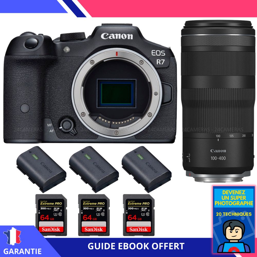 Canon EOS R7 + RF 100 400mm IS + 3 SanDisk Extreme PRO UHS II SDXC 300 MB/ + 3 Canon LP E6NH + Ebook 'Devenez Un Super Photographe' Hybride Canon