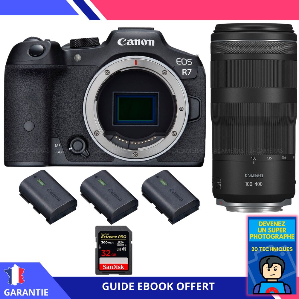 Canon EOS R7 + RF 100 400mm IS + 1 SanDisk Extreme PRO UHS II SDXC 300 MB/ + 3 Canon LP E6NH + Ebook 'Devenez Un Super Photographe' Hybride Canon - vue 3
