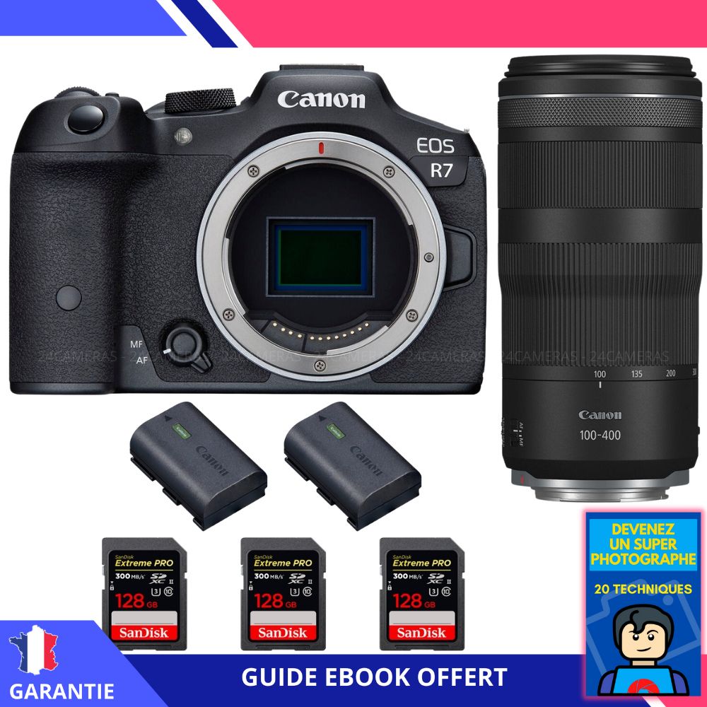 Canon EOS R7 + RF 100 400mm IS + 3 SanDisk Extreme PRO UHS II SDXC 300 MB/ + 2 Canon LP E6NH + Ebook 'Devenez Un Super Photographe' Hybride Canon - vue 3