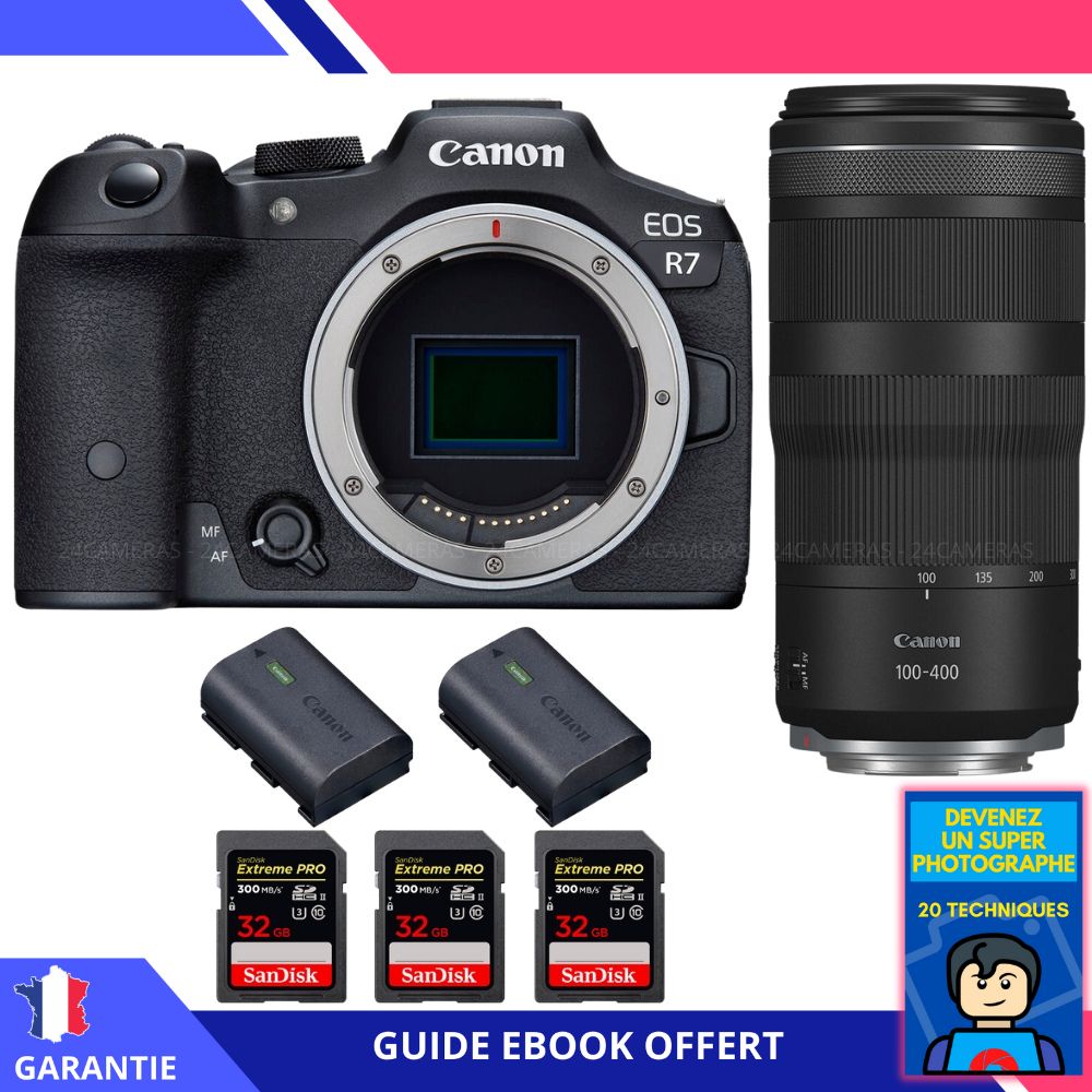 Canon EOS R7 + RF 100 400mm IS + 3 SanDisk Extreme PRO UHS II SDXC 300 MB/ + 2 Canon LP E6NH + Ebook 'Devenez Un Super Photographe' Hybride Canon