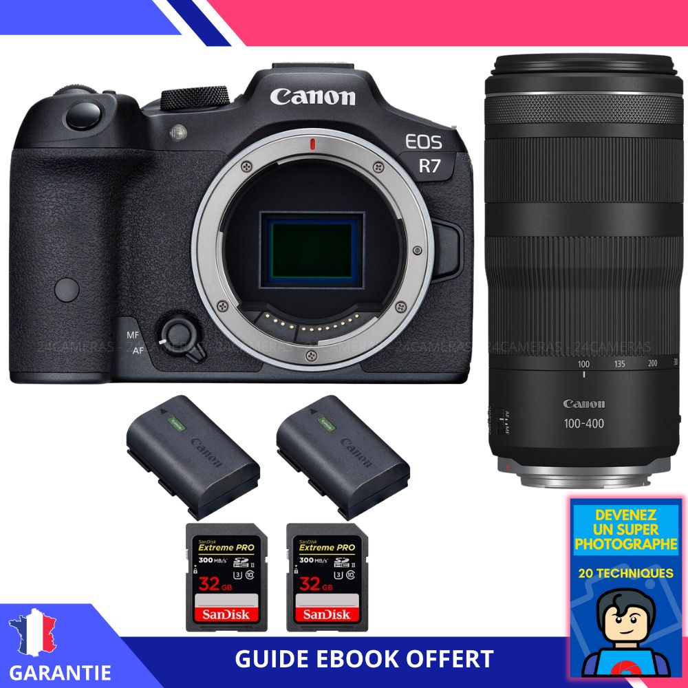 Canon EOS R7 + RF 100 400mm IS + 2 SanDisk Extreme PRO UHS II SDXC 300 MB/ + 2 Canon LP E6NH + Ebook 'Devenez Un Super Photographe' Hybride Canon - vue 3