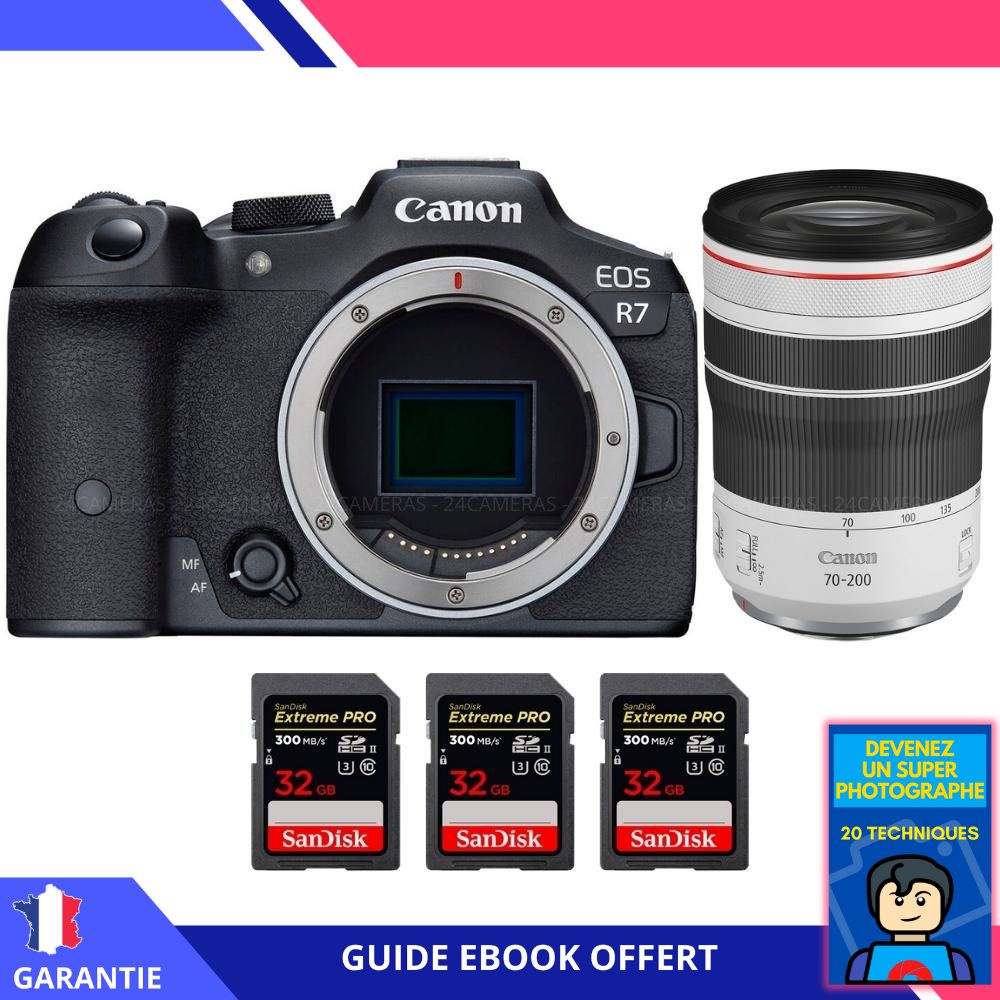 Canon EOS R7 + RF 70 200mm F4 IS USM + 3 SanDisk Extreme PRO UHS II SDXC 300 MB/ + Ebook 'Devenez Un Super Photographe' Hybride Canon