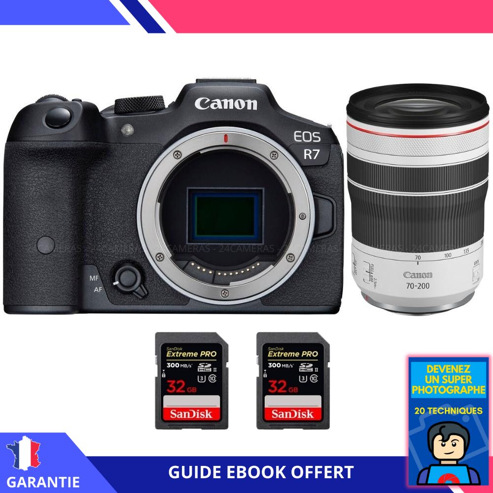 Canon EOS R7 + RF 70 200mm F4 IS USM + 2 SanDisk Extreme PRO UHS II SDXC 300 MB/ + Ebook 'Devenez Un Super Photographe' Hybride Canon