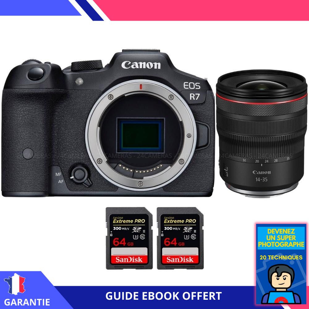 Canon EOS R7 + RF 14 35mm F4 IS USM + 2 SanDisk Extreme PRO UHS II SDXC 300 MB/ + Ebook 'Devenez Un Super Photographe' Hybride Canon