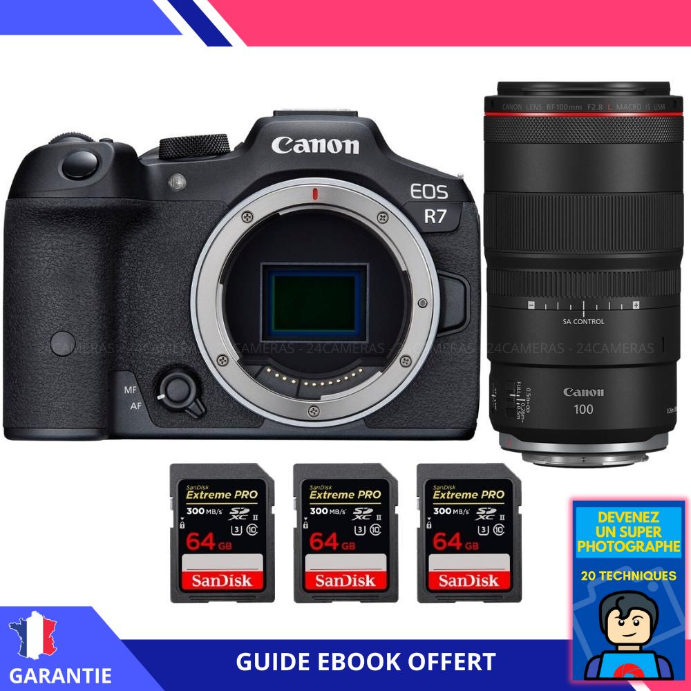 Canon EOS R7 + RF 100mm F2.8 Macro IS USM + 3 SanDisk Extreme PRO UHS II SDXC 300 MB/ + Ebook 'Devenez Un Super Photographe' Hybride Canon