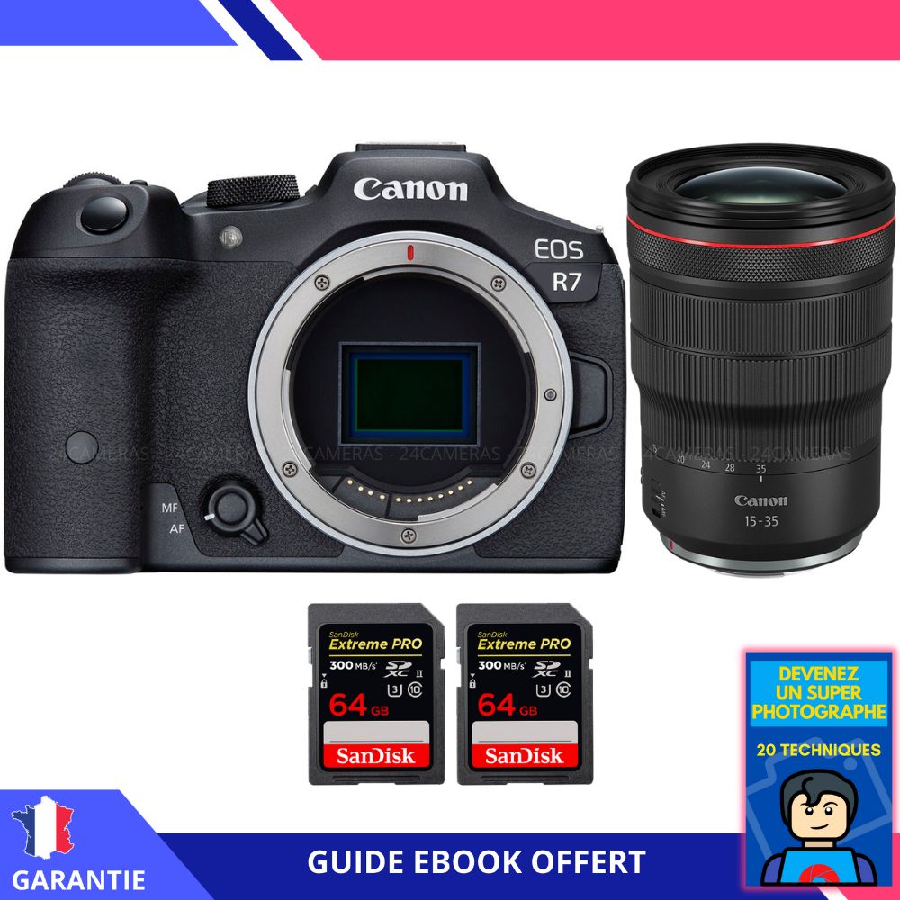 Canon EOS R7 + RF 15 35mm F2.8 IS USM + 2 SanDisk Extreme PRO UHS II SDXC 300 MB/ + Ebook 'Devenez Un Super Photographe' Hybride Canon