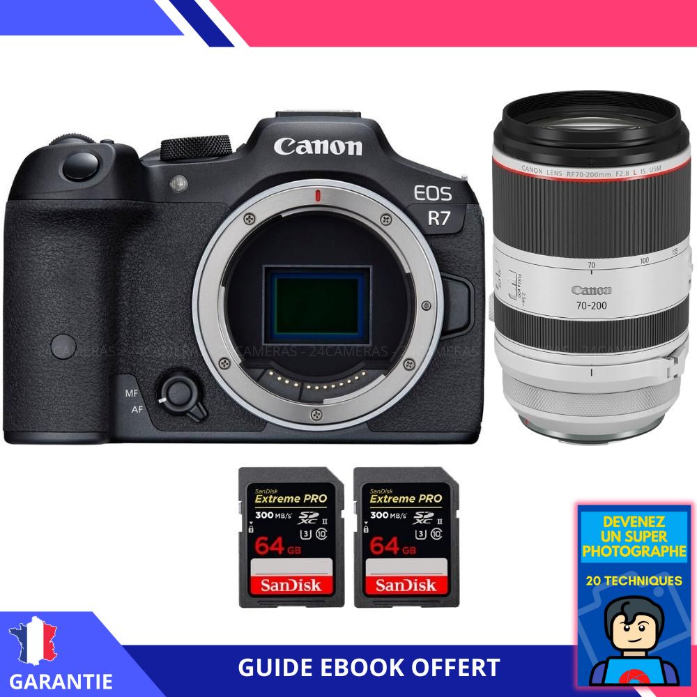 Canon EOS R7 + RF 70 200mm F2.8 IS USM + 2 SanDisk Extreme PRO UHS II SDXC 300 MB/ + Ebook 'Devenez Un Super Photographe' Hybride Canon