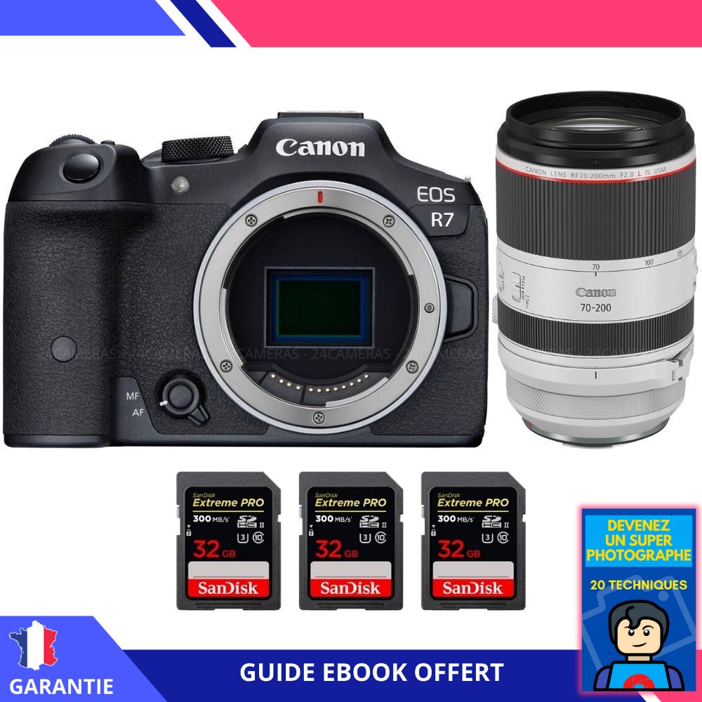 Canon EOS R7 + RF 70 200mm F2.8 IS USM + 3 SanDisk Extreme PRO UHS II SDXC 300 MB/ + Ebook 'Devenez Un Super Photographe' Hybride Canon