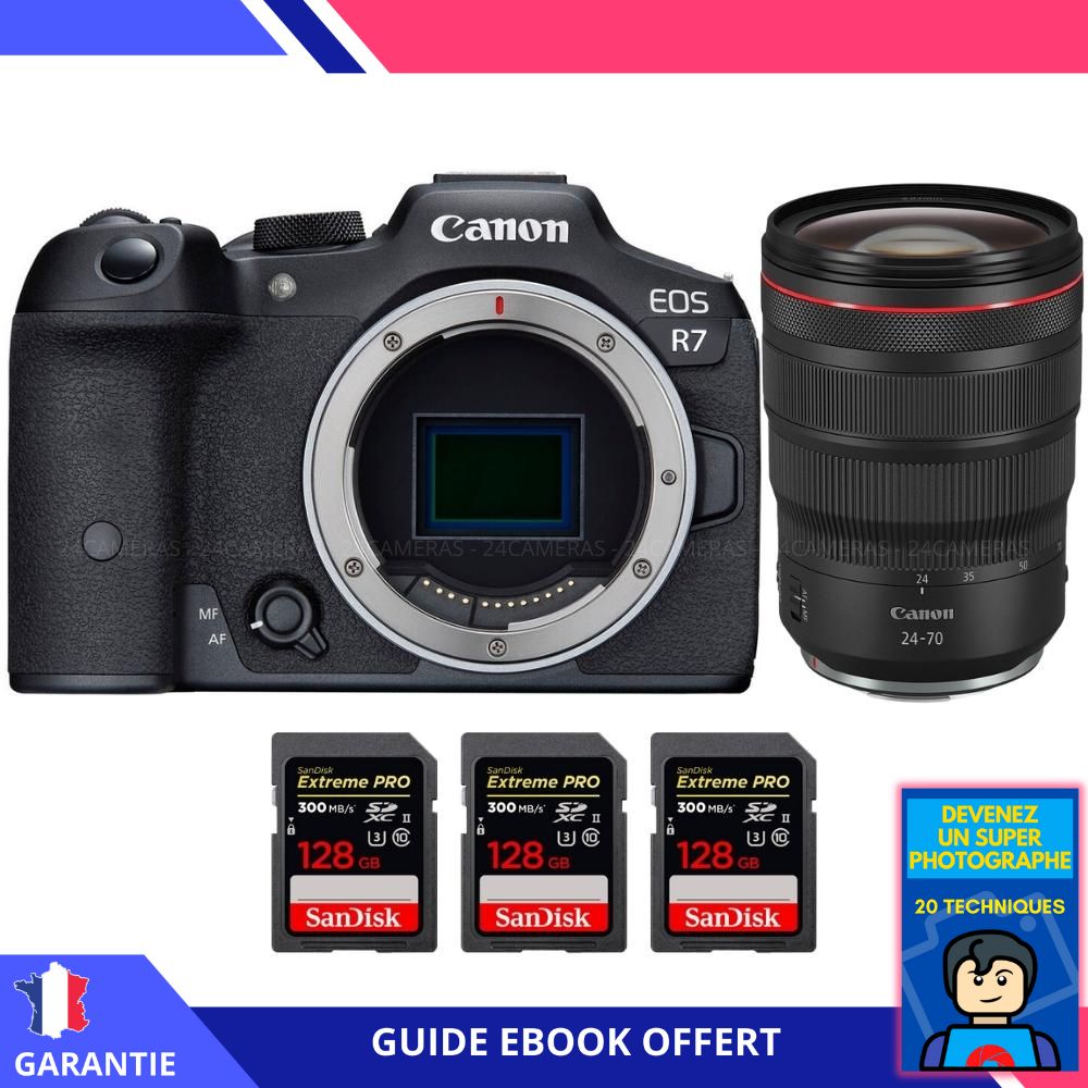 Canon EOS R7 + RF 24 70mm F2.8 IS USM + 3 SanDisk Extreme PRO UHS II SDXC 300 MB/ + Ebook 'Devenez Un Super Photographe' Hybride Canon