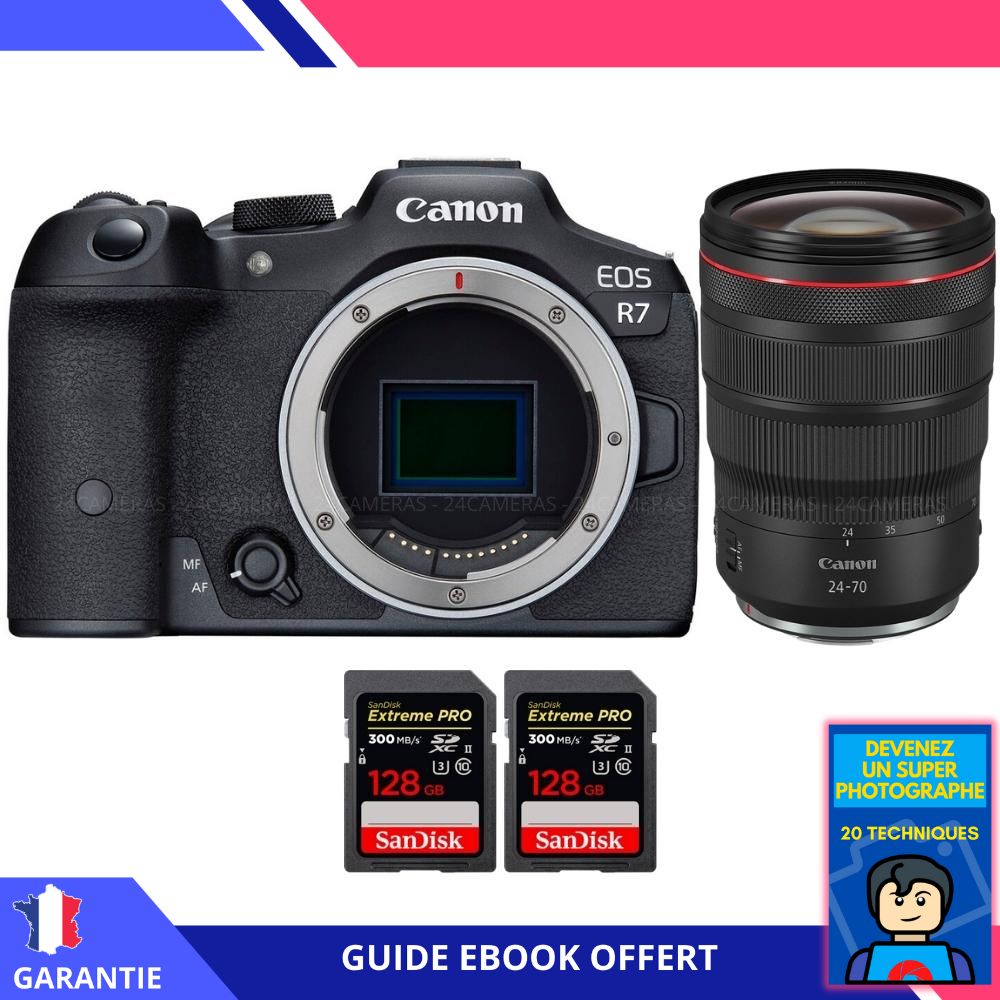 Canon EOS R7 + RF 24 70mm F2.8 IS USM + 2 SanDisk Extreme PRO UHS II SDXC 300 MB/ + Ebook 'Devenez Un Super Photographe' Hybride Canon