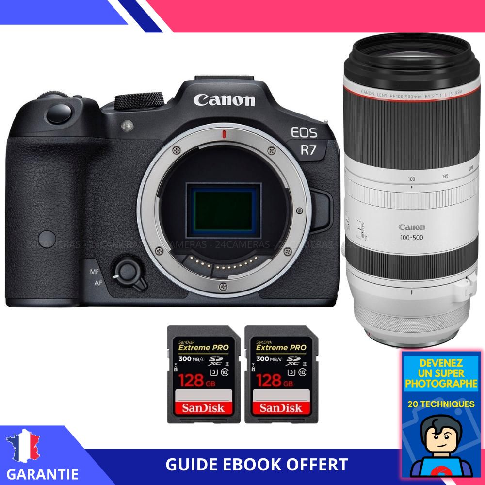 Canon EOS R7 + RF 100 500mm F4.5 7.1 IS USM + 2 SanDisk Extreme PRO UHS II SDXC 300 MB/ + Ebook 'Devenez Un Super Photographe' Hybride Canon