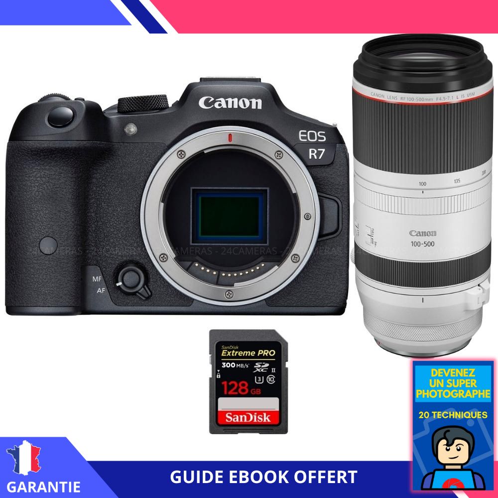 Canon EOS R7 + RF 100 500mm F4.5 7.1 IS USM + 1 SanDisk Extreme PRO UHS II SDXC 300 MB/ + Ebook 'Devenez Un Super Photographe' Hybride Canon