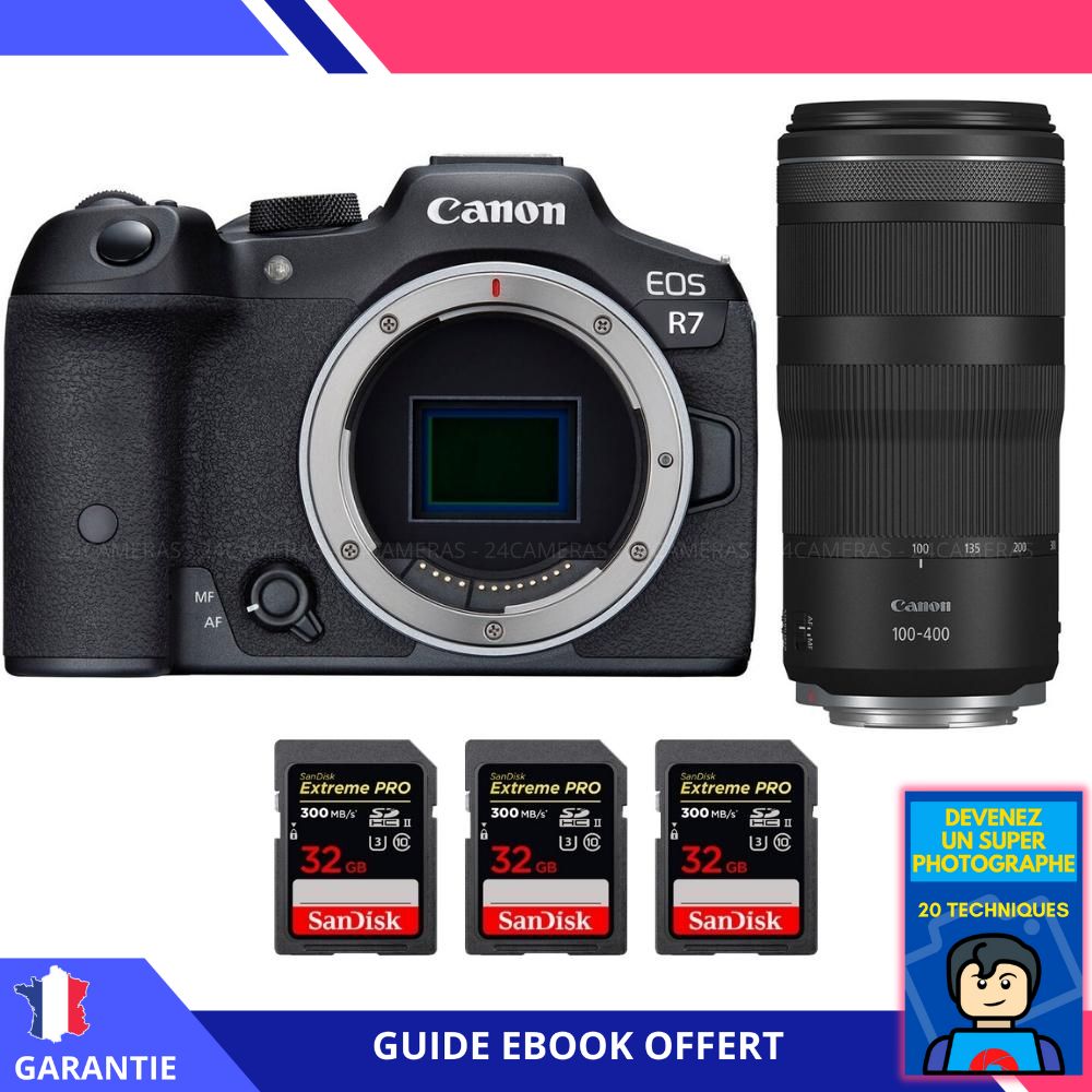 Canon EOS R7 + RF 100 400mm IS + 3 SanDisk Extreme PRO UHS II SDXC 300 MB/ + Ebook 'Devenez Un Super Photographe' Hybride Canon