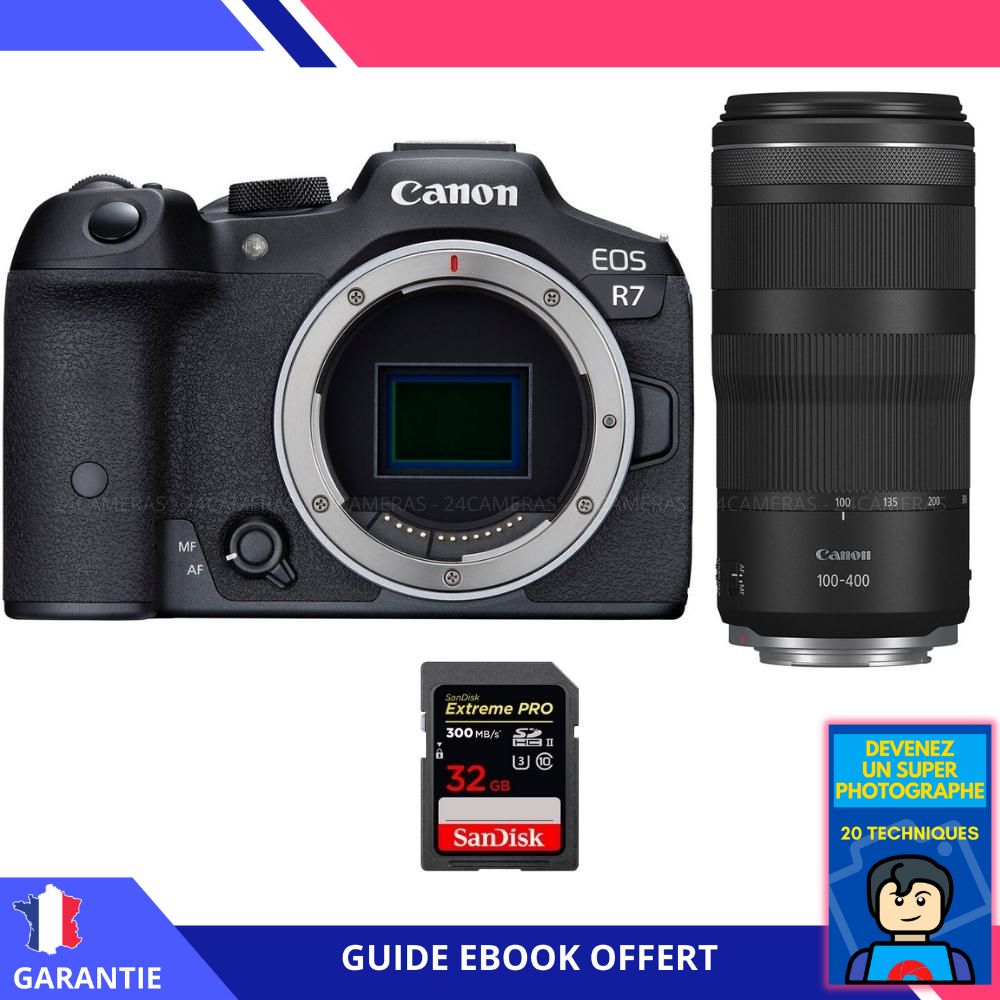 Canon EOS R7 + RF 100 400mm IS + 1 SanDisk Extreme PRO UHS II SDXC 300 MB/ + Ebook 'Devenez Un Super Photographe' Hybride Canon