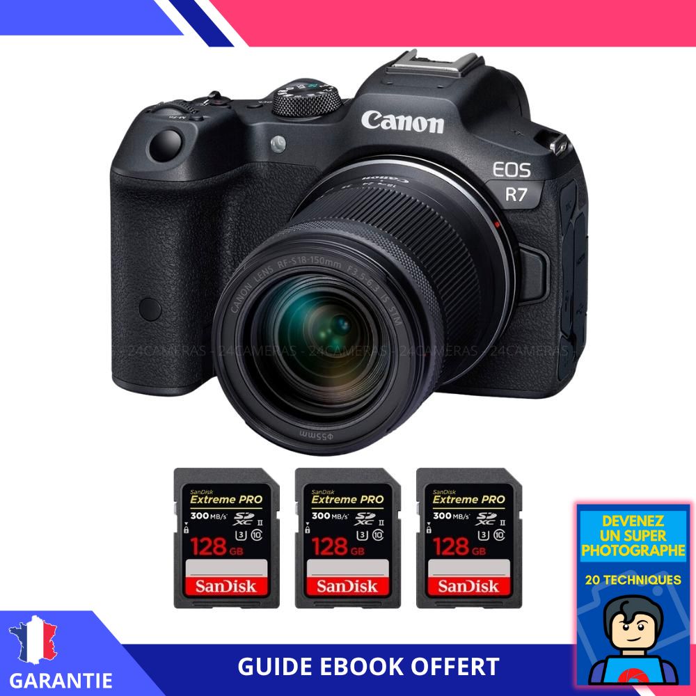 Canon EOS R7 + RF 18 150mm STM + 3 SanDisk Extreme PRO UHS II SDXC 300 MB/ + Ebook 'Devenez Un Super Photographe' Hybride Canon