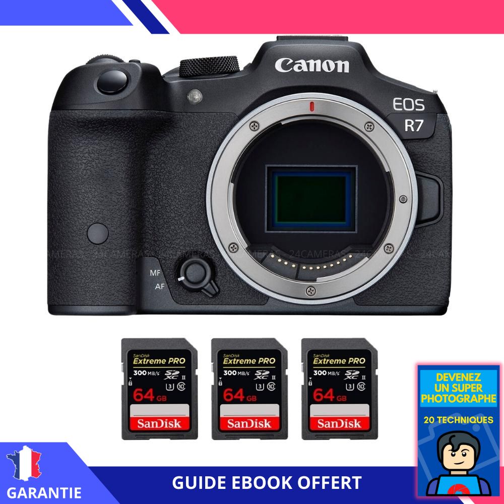 Canon EOS R7 + 3 SanDisk Extreme PRO UHS II SDXC 300 MB/ + Ebook 'Devenez Un Super Photographe' Hybride Canon