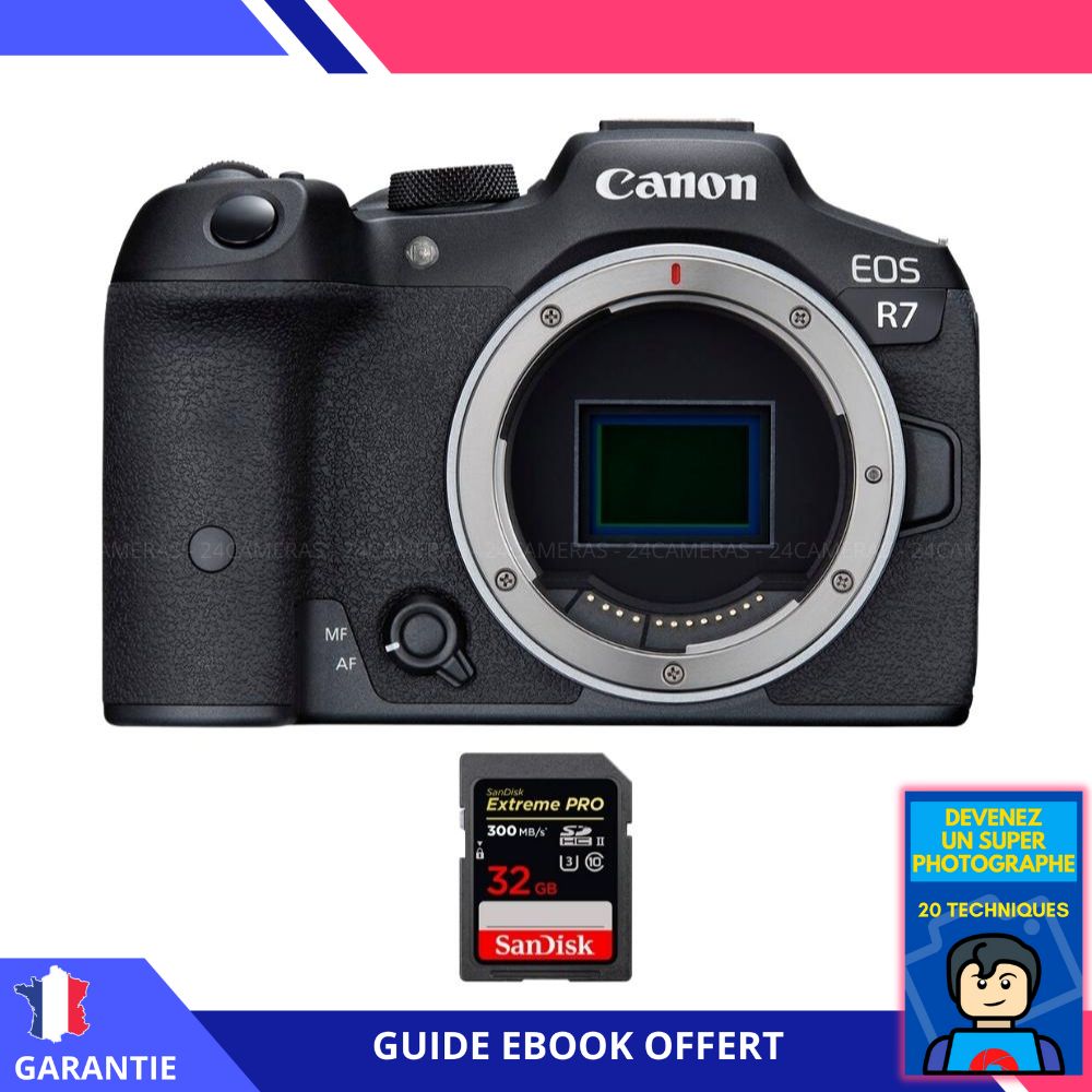 Canon EOS R7 + 1 SanDisk Extreme PRO UHS II SDXC 300 MB/ + Ebook 'Devenez Un Super Photographe' Hybride Canon