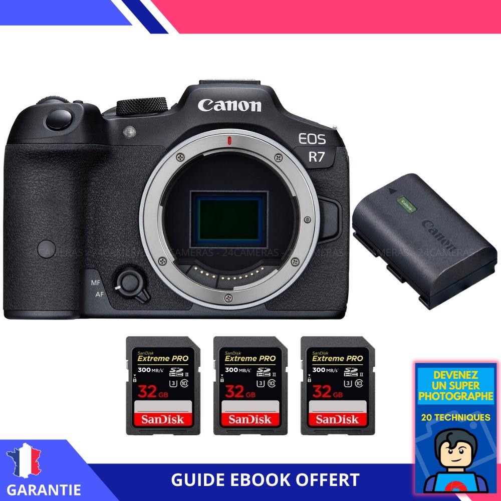 Canon EOS R7 + Canon LP E6NH + 3 SanDisk Extreme PRO UHS II SDXC 300 MB/ + Ebook 'Devenez Un Super Photographe' Hybride Canon