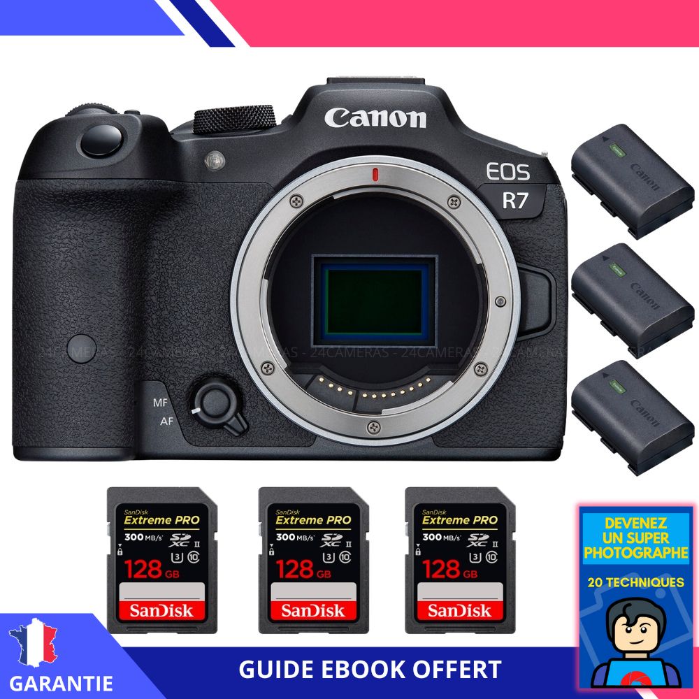 Canon EOS R7 + 3 SanDisk Extreme PRO UHS II SDXC 300 MB/ + 3 Canon LP E6NH + Ebook 'Devenez Un Super Photographe' Hybride Canon - vue 3