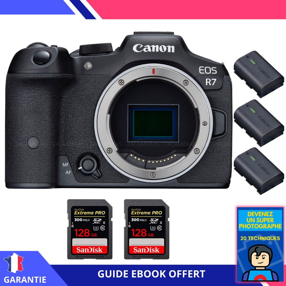Canon EOS R7 + 2 SanDisk Extreme PRO UHS II SDXC 300 MB/ + 3 Canon LP E6NH + Ebook 'Devenez Un Super Photographe' Hybride Canon - vue 2