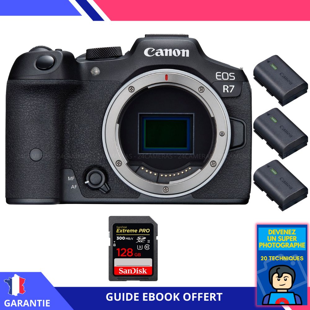Canon EOS R7 + 1 SanDisk Extreme PRO UHS II SDXC 300 MB/ + 3 Canon LP E6NH + Ebook 'Devenez Un Super Photographe' Hybride Canon
