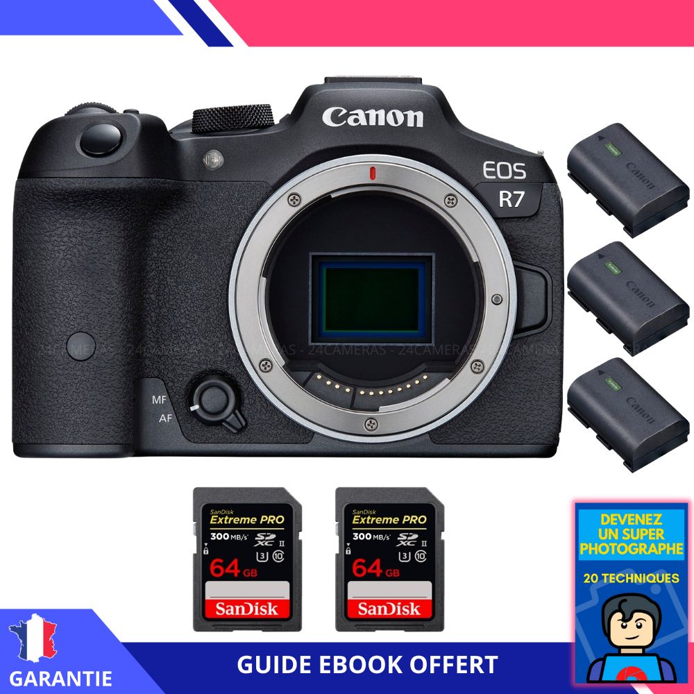 Canon EOS R7 + 2 SanDisk Extreme PRO UHS II SDXC 300 MB/ + 3 Canon LP E6NH + Ebook 'Devenez Un Super Photographe' Hybride Canon