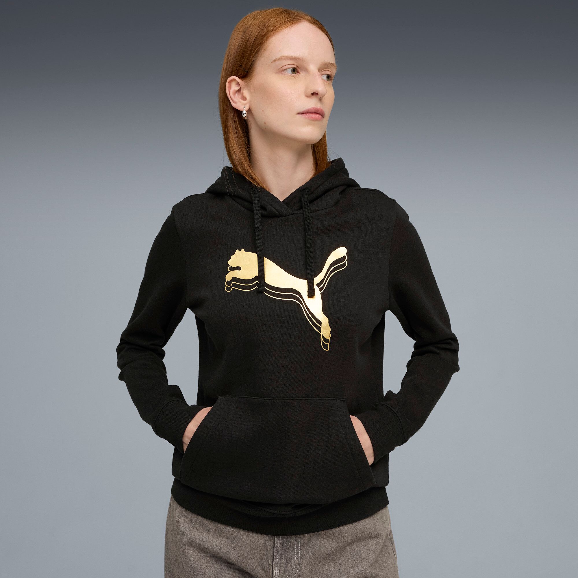 puma hoodie ess métallique femme, vêtements, noir/métallique doré, m - M