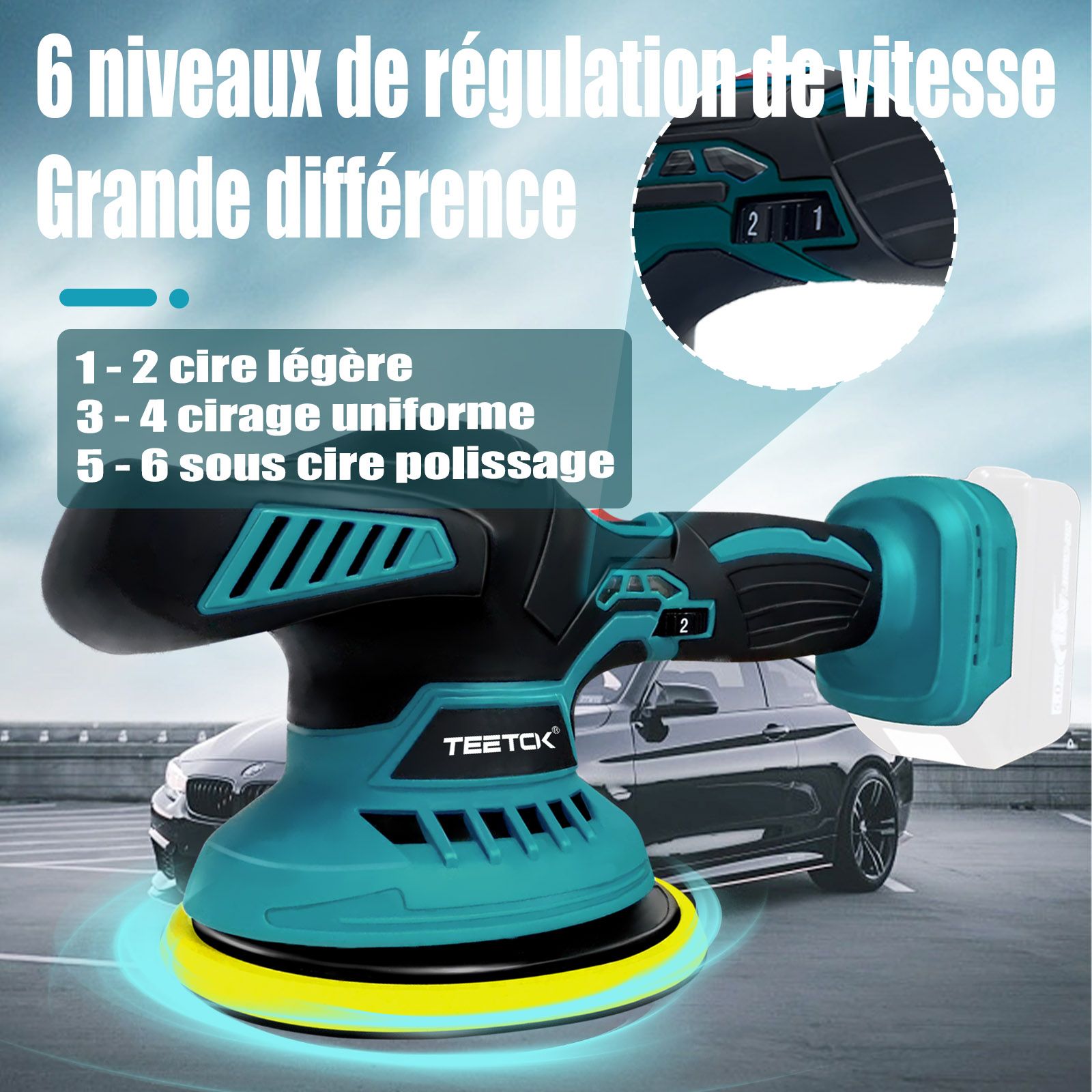 TEETOK Polisseuse Voiture sans Fil Kit 12V Excentrique Electrique Machine à Cirer Automobile Meubles Polissage Cirage Givrage set 6800RPM-6 Vitesse Variable 3xBatteries1.5Ah+Chargeur+17 Peaux à Polir